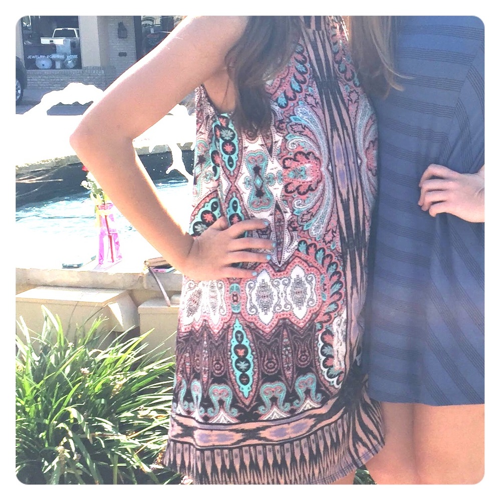 Pink and teal patterned high neck dress
